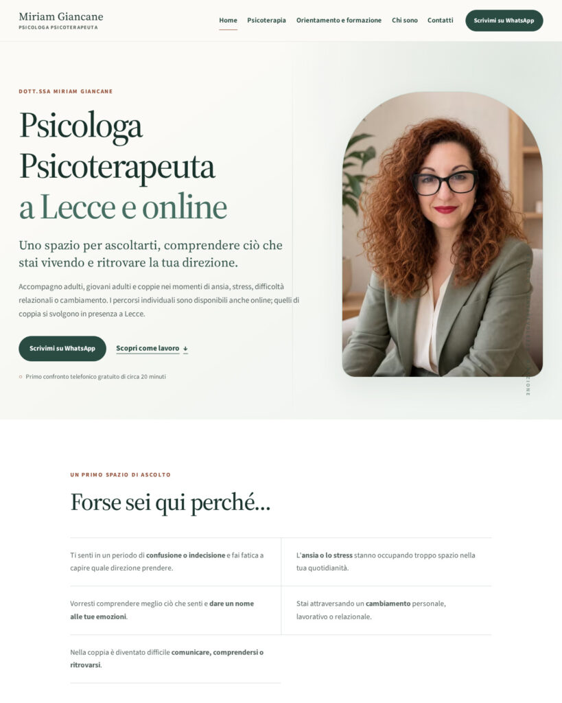 Vista desktop della nuova homepage di Miriam Giancane con percorsi di psicoterapia chiari e contatto diretto tramite WhatsApp