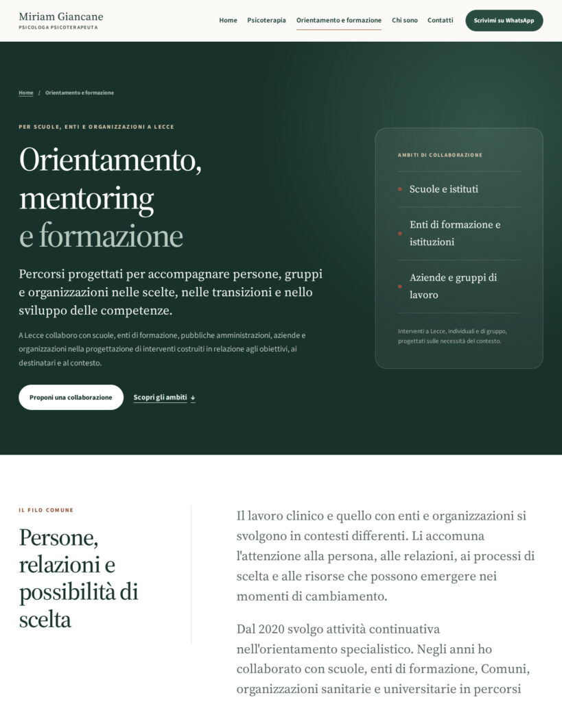 Desktop view of the orientation, mentoring and training page on the redesigned Miriam Giancane website