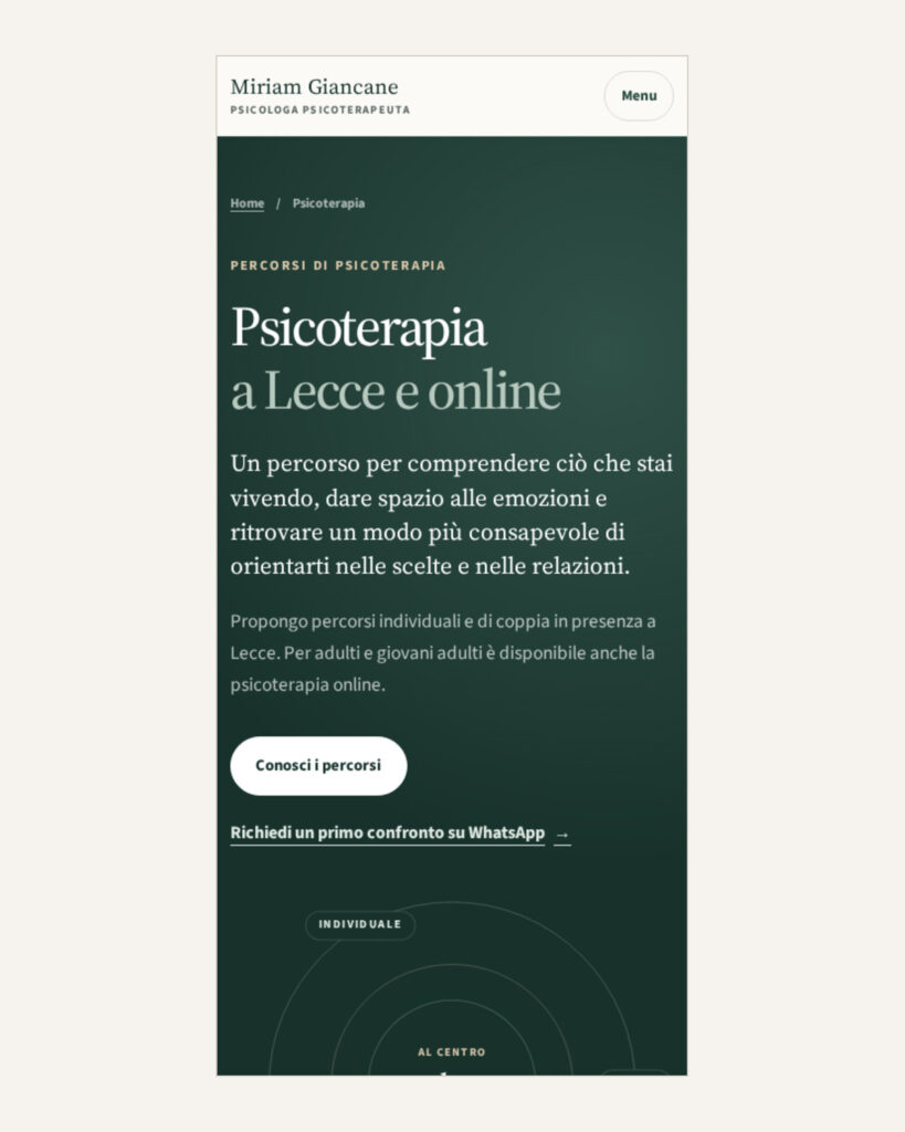 Mobile view of the psychotherapy page on the redesigned Miriam Giancane website