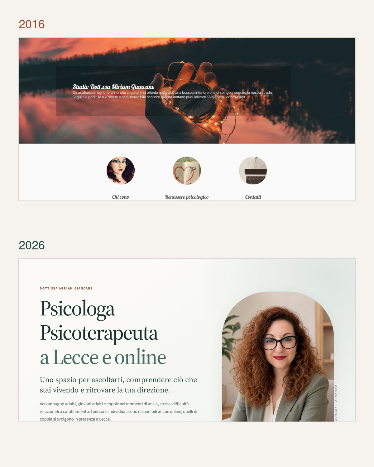 Miriam Giancane website redesign: comparison between the original 2016 WordPress site and the custom website launched in 2026