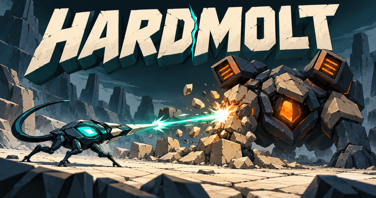 Illustrated HARDMOLT cover: a creature with a turquoise core faces Shatterback among rocks and broken cover.